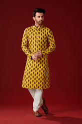 Ensemble pyjama Kurta en coton imprimé moutarde pour homme